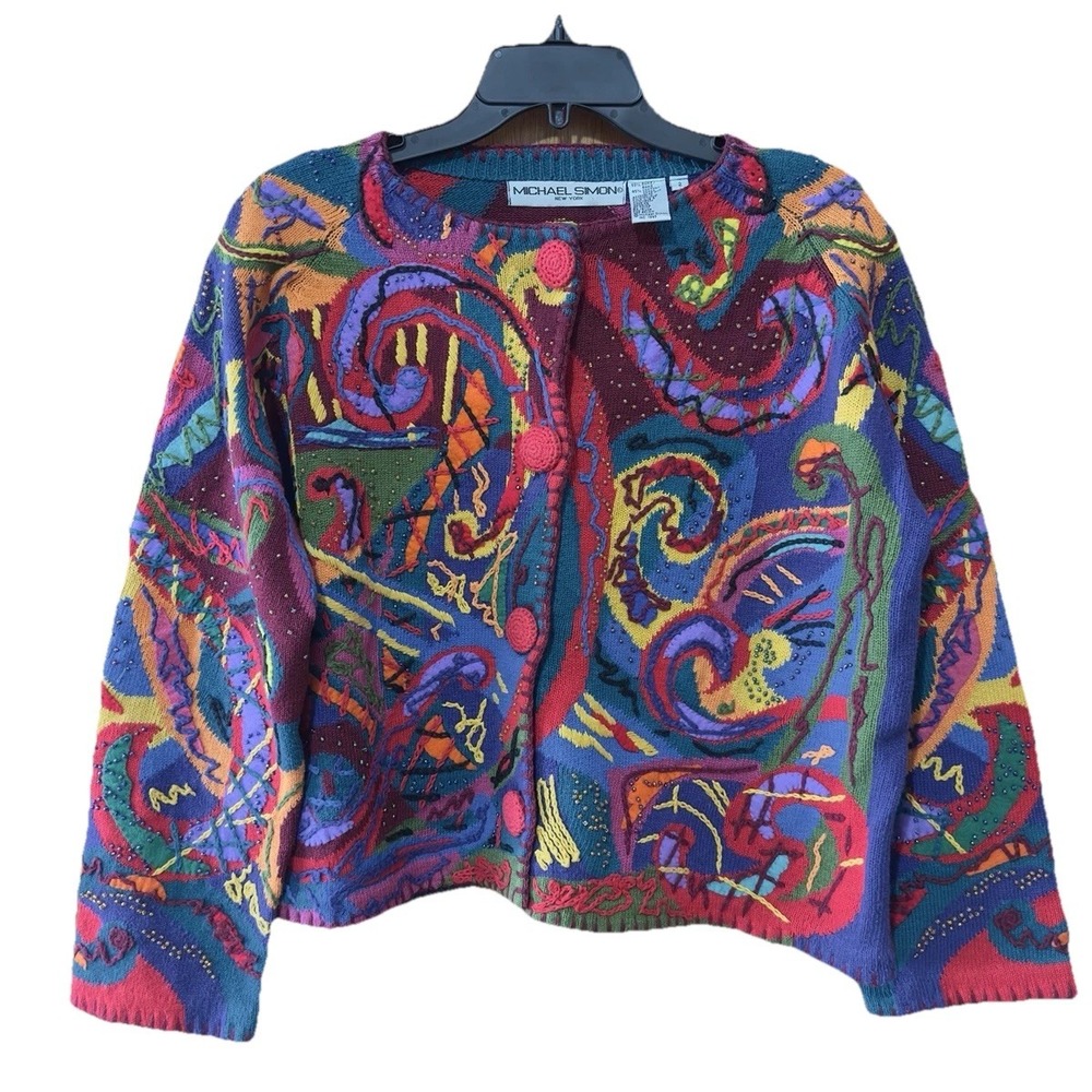 Vintage1993 Michael Simon Knit Cardigan Embroidered Beads Rainbow Multicolored 2